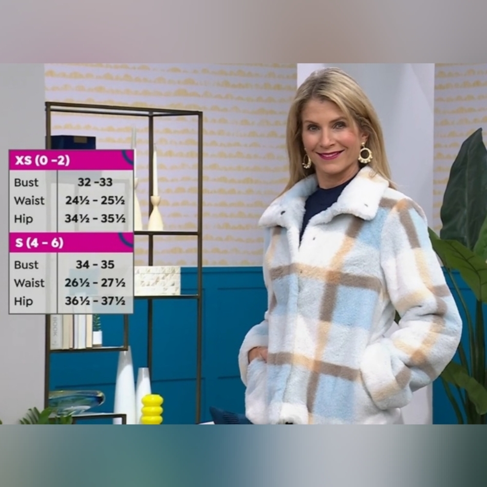 Small Colleen Lopez Faux Fur Jacket In Ice Blue Plaid- Soft, Warm & Breathable - Picture 15 of 16